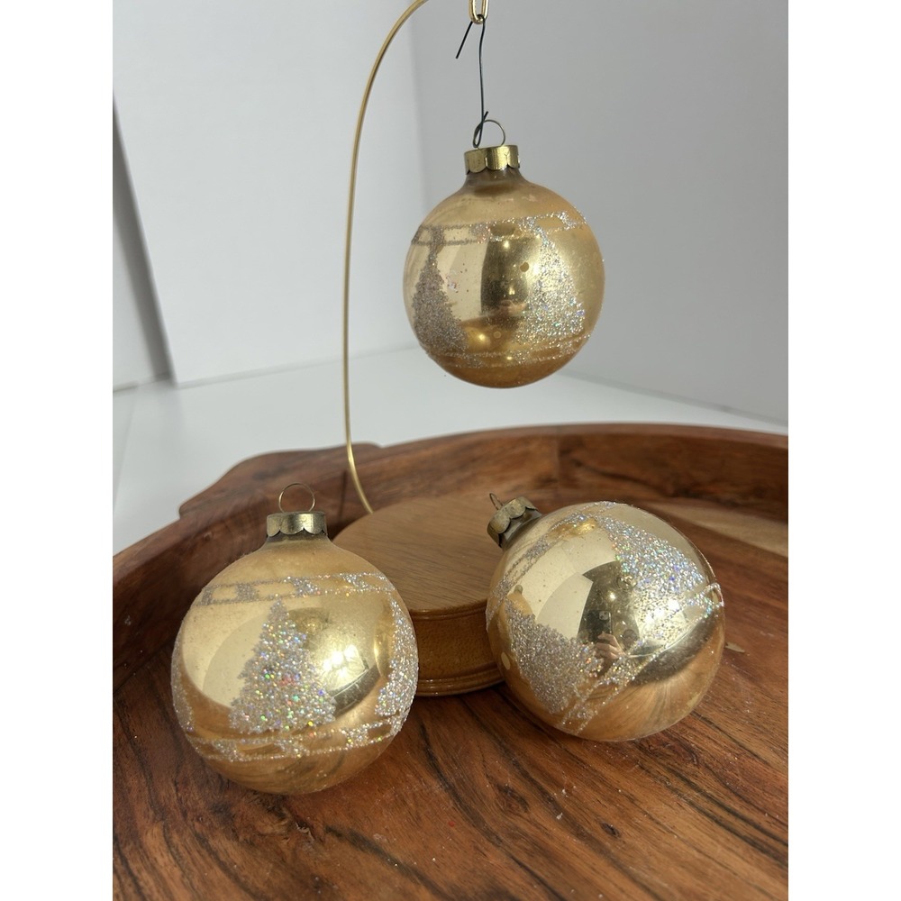Vintage Christmas Tree Ornament Set Of 3 Gold W/ Glitter Pine Tree Estate Find
